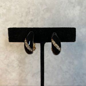 Vintage Black Enamel & Crystal Thin Hoop Clip Ons